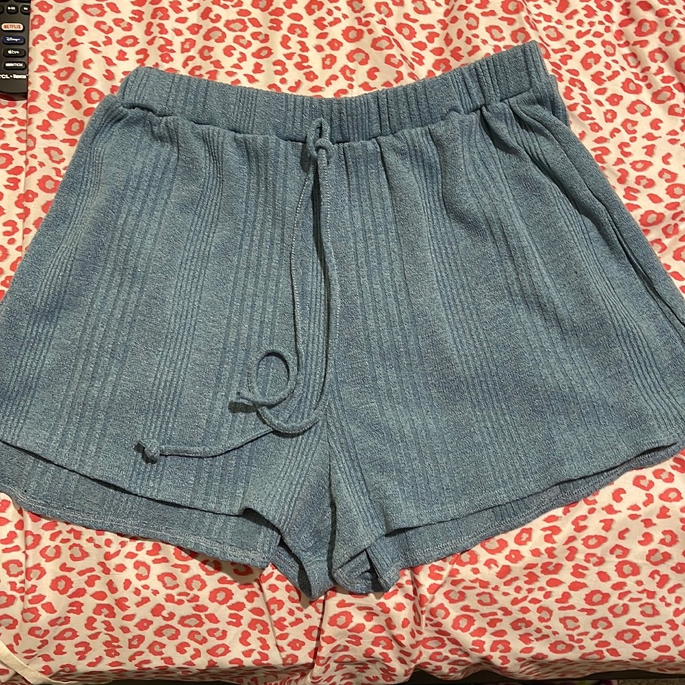 shein blue ribbed elastic waist lounge shorts